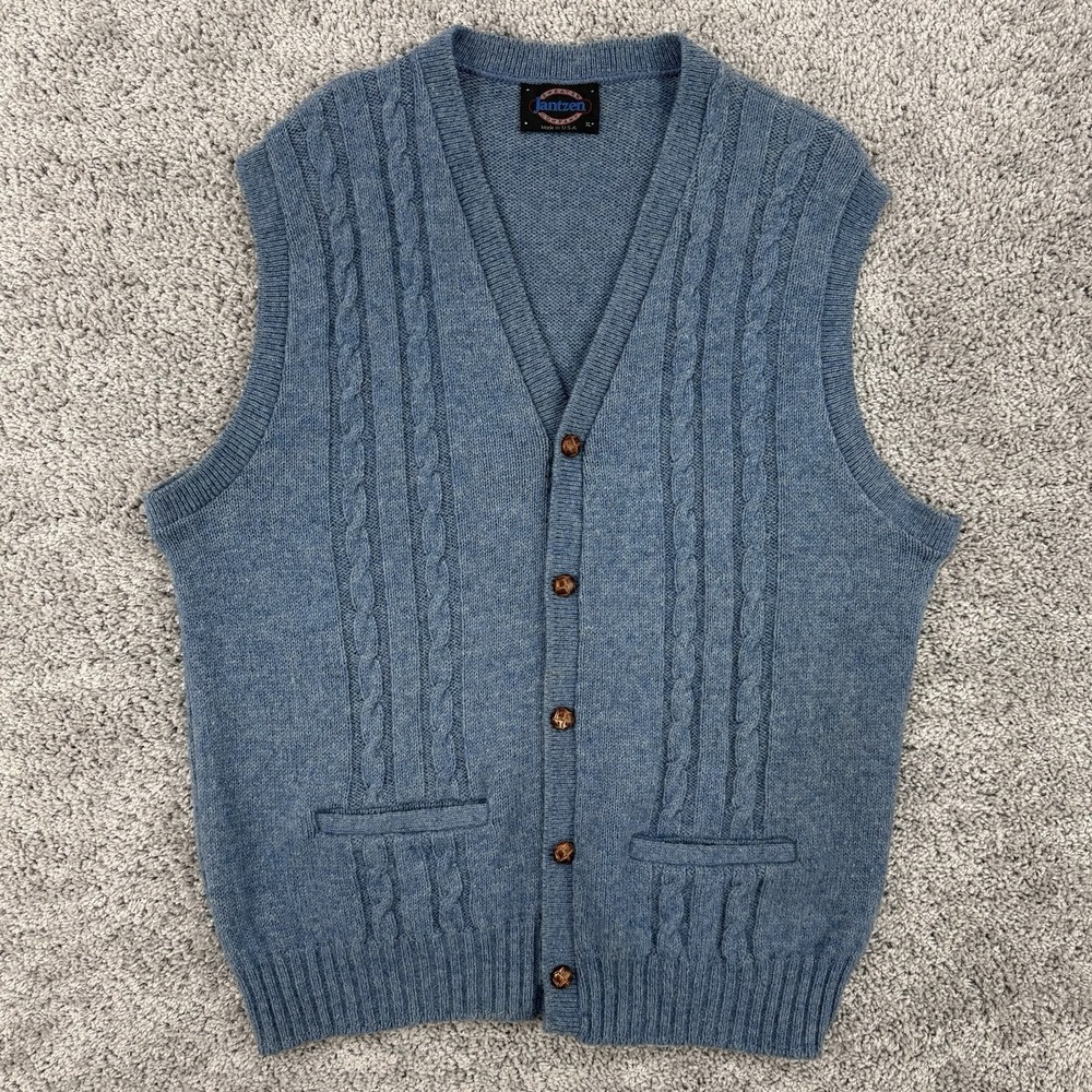Vintage Jantzen Sweater Vest Men's XL Blue Wool Made In USA Cable-Knit Button Up